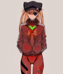  1girl bangs blue_eyes bodysuit closed_mouth commentary_request cowboy_shot eyebrows_visible_through_hair eyepatch gluteal_fold grey_background hands_in_pockets hat highres hona_(pixiv7939518) jacket long_hair long_sleeves neon_genesis_evangelion orange_hair pilot_suit plugsuit rebuild_of_evangelion red_bodysuit red_jacket simple_background solo souryuu_asuka_langley standing two_side_up 