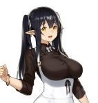 1girl :d bangle bangs black_hair bow bowtie bracelet breasts brown_shirt dress elf elf_(houtengeki) houtengeki jewelry large_breasts long_hair looking_at_viewer open_mouth original pointy_ears shirt simple_background smile solo twintails underbust upper_body white_background white_dress yellow_eyes 