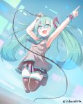  1girl :d aqua_hair armpits arms_up bangs black_footwear black_legwear black_skirt blue_eyes blue_nails blue_neckwear blush boots collared_shirt commentary_request eyebrows_visible_through_hair fingernails full_body grey_shirt hair_between_eyes hatsune_miku holding holding_microphone index_finger_raised jumping long_hair looking_away microphone nail_polish necktie okota_mikan open_mouth outstretched_arm pleated_skirt shirt skirt sleeveless sleeveless_shirt smile solo thigh-highs thigh_boots tie_clip twintails twitter_username very_long_hair vocaloid wrist_cuffs 