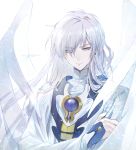  1boy bangs blue_eyes card_captor_sakura character_name closed_mouth ekita_xuan eyebrows_visible_through_hair eyes_visible_through_hair hair_over_one_eye highres light_particles long_hair long_sleeves looking_at_viewer male_focus robe silver_hair solo upper_body white_robe wings yue_(ccs) 