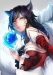  1girl ahri animal_ears bangs black_hair breasts facial_mark fingernails fox_ears fox_tail league_of_legends lips long_hair looking_at_viewer medium_breasts niimaru simple_background smile solo strapless tail yellow_eyes 