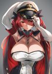  1girl absurdres armpits azur_lane black_background breasts cape chains cleavage closed_mouth collarbone elbow_gloves eyebrows_visible_through_hair frown fujitsubo_(hujitubo0731) gloves hand_on_headwear hat highres honolulu_(azur_lane) large_breasts long_hair looking_at_viewer peaked_cap red_eyes redhead solo twintails very_long_hair white_gloves 