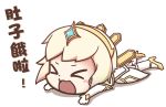  &gt;_&lt; 1girl blush_stickers chibi dress elbow_gloves elementalist_lux fallen_down gloves high_heels league_of_legends light_elementalist_lux luxanna_crownguard open_mouth platinum_blonde q483 simple_background tagme translation_request white_background white_dress white_hair 