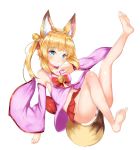  1girl animal_ears barefoot bell blonde_hair blue_eyes detached_sleeves fox_ears fox_tail hair_ornament jingle_bell kemomimi_vr_channel legs legs_up long_hair mikoko_(kemomimi_vr_channel) miniskirt panties pink_shirt red_skirt sasanoha_(sasanoha0712) shirt simple_background skirt smile soles solo tail twintails underwear white_background white_panties 