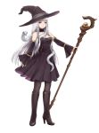  1girl boots choker detached_sleeves dress full_body hat highres holding holding_staff kumama long_hair original pantyhose snake solo staff strapless strapless_dress very_long_hair violet_eyes white_background white_hair white_snake wide_sleeves witch witch_hat 
