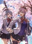  2girls :d bag bangs black_legwear black_skirt blue_eyes blue_sweater blurry blurry_background bow bowtie cherry_blossoms day detached_sleeves duffel_bag earrings eyebrows_visible_through_hair fate/grand_order fate_(series) grey_jacket hair_ornament hair_scrunchie hand_holding high_ponytail highres index_finger_raised jacket jewelry long_hair long_sleeves looking_at_viewer looking_back mashu_003 miniskirt miyamoto_musashi_(fate/grand_order) multiple_girls open_clothes open_jacket open_mouth outdoors pink_hair red_bow red_eyes red_neckwear red_ribbon ribbon school_uniform scrunchie skirt smile sun sunlight sweater swept_bangs thigh-highs tomoe_gozen_(fate/grand_order) tree unbuttoned weapon_bag zettai_ryouiki 