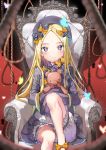  1girl abigail_williams_(fate/grand_order) armchair bangs black_bow black_dress black_hat blonde_hair bloomers blue_eyes bow butterfly chair closed_mouth commentary_request dress eyebrows_visible_through_hair fate/grand_order fate_(series) forehead h_shai hair_bow hat head_tilt keyhole leg_up long_hair long_sleeves looking_at_viewer noose object_hug orange_bow parted_bangs polka_dot polka_dot_bow red_bow rope signature sitting sleeves_past_fingers sleeves_past_wrists solo stuffed_animal stuffed_toy teddy_bear underwear very_long_hair white_bloomers 