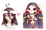  /\/\/\ 1boy 1girl ahoge ainz_ooal_gown albedo bare_shoulders black_hair black_sclera blush_stickers breasts chibi closed_mouth commentary_request demon_girl dress elbow_gloves eyebrows_visible_through_hair gloves hair_between_eyes hand_up heart heart_ahoge hood hood_up horns kyuri_tizu long_hair looking_at_another overlord_(maruyama) own_hands_together red_eyes robe sanpaku simple_background skeleton smile standing white_background white_dress wings 