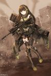  1girl ammunition_pouch assault_rifle asymmetrical_legwear balaclava bangs black_hair breasts brown_eyes building camouflage_jacket carrying_over_shoulder case clothes_around_waist commentary_request detached_sleeves dirt eyebrows_visible_through_hair foregrip girls_frontline gloves green_hair gun highres holding holding_gun holding_strap holding_weapon jacket_around_waist knee_pads large_breasts long_hair m4_carbine m4a1_(girls_frontline) multicolored_hair ndtwofives pouch remodel_(girls_frontline) ribbed_legwear ribbed_shirt rifle ruins scope shirt shorts single_thighhigh solo strap streaked_hair suppressor thigh-highs trigger_discipline twitter_username weapon 