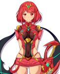  1girl arms_behind_back bangs blush bodysuit breasts cleavage cowboy_shot eyebrows_visible_through_hair gluteal_fold pyra_(xenoblade) looking_at_viewer pink_hair red_eyes shadow short_hair short_shorts short_sleeves shorts shoulder_pads smile standing thighs tiara weapon white_background xenoblade_2 