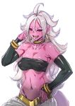  1girl android_21 black_sclera bow_(bhp) bracelet breasts candy cleavage detached_sleeves dragon_ball dragon_ball_fighterz drawn food hand_on_hip jewelry large_breasts long_hair looking_at_viewer majin_android_21 messy_hair navel open_mouth pink_skin red_eyes saliva saliva_trail simple_background smile solo stomach tongue tongue_out white_background white_hair 
