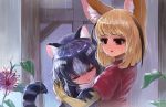  2girls animal_ears black_hair blonde_hair blue_hair brown_eyes closed_eyes closed_mouth common_raccoon_(kemono_friends) dokomon eyebrows_visible_through_hair fennec_(kemono_friends) fox_ears gloves hair_between_eyes kemono_friends multicolored_hair multiple_girls parted_lips pink_sweater raccoon_ears raccoon_tail rain smile striped_tail sweater tail wet wet_hair white_hair yellow_gloves 