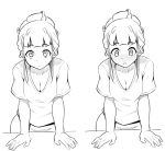  1girl arm_support blush breasts cleavage eyebrows_visible_through_hair ghettoyouth greyscale leaning_on_object medium_breasts miyake_hinata monochrome nose_blush shirt short_hair sidelocks solo sora_yori_mo_tooi_basho v-neck 