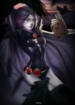  1girl absurdres arms_up belt bird blurry book cape dc_comics depth_of_field feathers fur_trim grey_skin highres hyun_sung_oh leotard parted_lips purple_hair raven_(animal) raven_(dc) short_hair solo teen_titans 
