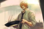  1boy blonde_hair cigarette closed_mouth collared_shirt cooking eyebrows facial_hair food hair_over_one_eye holding indoors light_smile looking_down male_focus mouth_hold one_piece sanji shirt short_hair sleeves_rolled_up smoke smoking standing tsuyomaru upper_body white_shirt wing_collar wok 