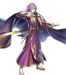  1boy armor book boots cape circlet fire_emblem fire_emblem:_seima_no_kouseki fire_emblem_heroes haru_(toyst) highres holding holding_book lips lyon_(fire_emblem) male_focus medium_hair official_art parted_lips purple_cape purple_hair robe shoulder_armor solo standing tassel teeth turtleneck violet_eyes white_footwear wide_sleeves 