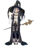  1girl bangs black_cape black_legwear cape commentary_request grey_hair hand_up hat holding holding_staff keemu_(occhoko-cho) long_hair looking_at_viewer multicolored_shirt original pointed_boots pointy_ears simple_background solo staff very_long_hair white_background 