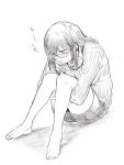  1girl barefoot closed_mouth commentary_request frown full_body glasses greyscale hair_between_eyes highres knees_together_feet_apart leg_hug long_hair monochrome nikaidou_kou original pencil_skirt ribbed_sweater simple_background skirt solo sweater white_background 