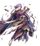  1boy armor black_pants book boots cape circlet fire_emblem fire_emblem:_seima_no_kouseki fire_emblem_heroes haru_(toyst) highres holding holding_book injury knee_boots lips lyon_(fire_emblem) male_focus medium_hair official_art pants parted_lips purple_cape purple_hair robe scratches shoulder_armor solo standing tassel teeth torn_cape torn_clothes torn_sleeves turtleneck violet_eyes white_footwear wide_sleeves 