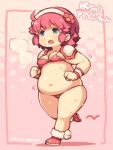  1girl 2017 ahoge amazon_(mamotte_knight) ankle_boots artist_name bangs big_belly bikini blue_eyes blush boots breasts breath character_name cleavage dated dot_nose eyebrows eyebrows_visible_through_hair facing_away fat flower fur_trim hairband heart heart_background heavy_breathing leg_up looking_away mamotte_knight midriff motion_lines navel open_mouth pauldrons pink_background pink_bikini pink_footwear pink_hair pom_pom_(clothes) running shigatake short_hair small_breasts solo stomach swimsuit white_hairband wristband 