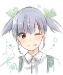  1girl :p bangs black_eyes blue_hair bow character_request collared_shirt eyebrows_visible_through_hair green_bow hair_bow kantai_collection looking_at_viewer one_eye_closed rinto_(rint_rnt) shirt short_hair simple_background solo suspenders tongue tongue_out twintails white_background wing_collar 