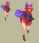  1girl bare_legs blouse bow cape covered_mouth eyebrows_visible_through_hair grey_background hair_bow long_sleeves looking_at_viewer outstretched_arms pixel_art pleated_skirt red_eyes red_skirt redhead sekibanki shiny shiny_hair short_hair simple_background skirt solo standing standing_on_one_leg takorin touhou 