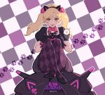  1girl :3 alternate_costume alternate_hair_color alternate_hairstyle animal_ears artist_name black_cat_d.va black_dress black_legwear blonde_hair cat cat_ears character_name checkered checkered_background checkered_legwear d.va_(overwatch) dress fake_animal_ears gothic_lolita imjayu lolita_fashion looking_at_viewer meka_(overwatch) overwatch pantyhose paw_print sitting tongue tongue_out twintails whisker_markings 
