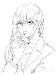  1girl applying_makeup bangs breasts cleavage commentary_request fingernails glasses greyscale hand_up highres holding jacket lipstick_tube long_hair looking_at_viewer monochrome nikaidou_kou original parted_lips shirt simple_background sketch solo upper_body white_background 