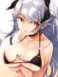  1girl anchor_symbol azur_lane bangs bikini black_bikini black_ribbon blush breasts brown_eyes cleavage collarbone cross cross_earrings earrings eyebrows_visible_through_hair floating_hair framed_breasts hair_ribbon iron_cross jewelry large_breasts long_hair looking_at_viewer mole multicolored_hair open_mouth prinz_eugen_(azur_lane) redhead ribbon sidelocks silver_hair simple_background skindentation smile solo streaked_hair swimsuit two_side_up very_long_hair yagitori 