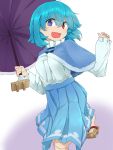  1girl adapted_costume barefoot blue_eyes blue_hair blue_skirt bow breasts bright_pupils capelet gradient gradient_background hair_bow hands_up heterochromia high-waist_skirt highres holding holding_umbrella long_sleeves looking_at_viewer medium_breasts open_mouth purple_background red_eyes skirt smile solo standing standing_on_one_leg tatara_kogasa touhou tyouseki umbrella white_background 