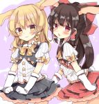  2girls :3 :o alternate_costume animal_ears ass_grab blonde_hair bow bowtie bunny_tail chocolate_hair flat_chest gloves hakurei_reimu highres kemonomimi_mode kirisame_marisa long_hair miniskirt multiple_girls pinstripe_pattern puffy_short_sleeves puffy_sleeves rabbit_ears red_eyes shirt short_sleeves skirt striped tail touhou vest yellow_eyes yorurumo 