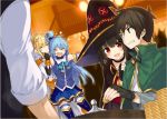  1boy 3girls :d =_= aqua_(konosuba) black_gloves black_hair blonde_hair blue_hair blue_shirt blue_skirt boots cape capelet casino clenched_teeth closed_eyes collarbone darkness_(konosuba) detached_sleeves elbow_gloves fingerless_gloves gloves gold green_eyes hair_ornament hat highres indoors kono_subarashii_sekai_ni_shukufuku_wo! long_hair megumin mishima_kurone multiple_girls novel_illustration official_art open_mouth pleated_skirt ponytail red_eyes roulette_table satou_kazuma shirt skirt smile teeth thigh-highs thigh_boots v-shaped_eyebrows witch_hat x_hair_ornament 