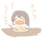  1girl akagi_(kantai_collection) artist_name black_hair blush chibi closed_eyes commentary_request food food_on_face holding holding_spoon ina_(1813576) japanese_clothes kantai_collection kimono long_hair long_sleeves omurice open_mouth plate simple_background smile solo spoon translation_request upper_body white_kimono 