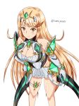  1girl armor blonde_hair blush breasts cleavage dress gloves highres mythra_(xenoblade) large_breasts long_hair looking_at_viewer samu_poteto smile solo white_background xenoblade xenoblade_2 yellow_eyes 