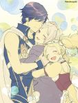  2girls absurdres blonde_hair brother_and_sister closed_eyes dress female_my_unit_(fire_emblem:_kakusei) fire_emblem fire_emblem:_kakusei hair_ornament highres hug krom liz_(fire_emblem) long_hair multiple_girls my_unit_(fire_emblem:_kakusei) open_mouth short_hair short_twintails siblings smile twintails 