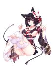  1girl animal_ears ass azur_lane black_hair blush breasts cat_ears clenched_hands collarbone fang feet floral_print fox_mask full_body furisode highres japanese_clothes kimono kimono_skirt large_breasts looking_at_viewer mask no_shoes obi omone_chou open_mouth panties paw_pose pink_eyes sash short_hair simple_background sitting soles solo thigh-highs toes torn_clothes torn_kimono torn_thighhighs underwear white_background white_legwear white_panties yamashiro_(azur_lane) 