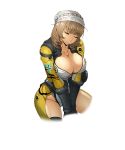  1girl breasts brown_hair cleavage closed_eyes cropped_legs drooling eyebrows_visible_through_hair hat large_breasts official_art short_hair solo super_robot_wars super_robot_wars_x-omega transparent_background v_arms watanabe_wataru 