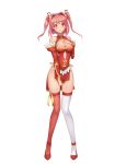  1girl absurdres artist_request bare_shoulders blush bow breasts bridal_gauntlets china_dress chinese_clothes cleavage cleavage_cutout covering dress elbow_gloves fingerless_gloves full_body gloves hair_bow hair_ribbon hand_on_own_chest highres looking_at_viewer medium_breasts official_art pink_hair pink_legwear red_dress red_gloves ribbon short_dress short_hair side_slit simple_background sleeveless solo tenshi_mikadokuni thigh-highs twintails white_background white_legwear 