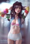  1girl arms_up artist_name breasts brown_hair cleavage cowboy_shot d.va_(overwatch) facial_mark half-closed_eyes highres hoo_bamon long_hair looking_at_viewer medium_breasts messy_hair mouth_hold navel overwatch solo standing tying_hair underwear watermark web_address whisker_markings 