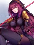  1girl absurdres armor bodysuit breasts chains covered_navel fate/grand_order fate_(series) gae_bolg head_chain highres holding holding_weapon jewelry large_breasts long_hair looking_at_viewer pauldrons polearm purple_bodysuit purple_hair red_eyes scathach_(fate/grand_order) shoulder_armor spear veil weapon x-kulon 