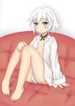  1girl :t arm_support bangs bare_legs barefoot belt_buckle black_belt blush breasts buckle closed_mouth collarbone couch eyebrows_visible_through_hair fate/grand_order fate_(series) feiyyx full_body grey_eyes hair_between_eyes highres jack_the_ripper_(fate/apocrypha) long_sleeves looking_at_viewer naked_shirt no_bra on_couch open_clothes open_shirt pout scar scar_across_eye scar_on_cheek shirt short_hair silver_hair sitting sleeves_past_wrists small_breasts solo white_shirt 