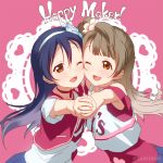  2girls bangs bare_shoulders blue_hair blush cheek-to-cheek choker commentary_request english_text flower grey_hair hair_between_eyes hair_flower hair_ornament hairband hand_holding happy_maker! heart interlocked_fingers long_hair looking_at_viewer love_live! love_live!_school_idol_project minami_kotori multiple_girls object_on_head one_eye_closed one_side_up open_mouth pleated_skirt skirt smile sonoda_umi text tomiwo yellow_eyes 