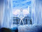  1girl ahma angel_wings bangs_pinned_back bed bed_sheet blue_sky building city closed_eyes clouds commentary_request copyright_request curtains facing_viewer long_sleeves railing rain robe sitting sky skyscraper solo wings 