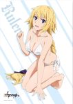 1girl :d a-1_pictures artist_request bangs bare_arms bare_legs bare_shoulders barefoot bikini black_bow blonde_hair blush bow braid breasts character_name cleavage collarbone copyright_name fate/apocrypha fate_(series) full_body hair_bow highres jeanne_d&#039;arc_(fate) jeanne_d&#039;arc_(fate)_(all) legs_together long_hair looking_at_viewer medium_breasts o-ring_bottom official_art open_mouth scan shiny shiny_skin single_braid smile solo swimsuit tareme thighs type-moon very_long_hair violet_eyes white_bikini 