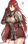  1girl absurdres armor blush dotentity dress fire_emblem fire_emblem:_kakusei gauntlets gloves hair_ornament highres long_hair looking_at_viewer red_eyes redhead smile solo thigh-highs cordelia_(fire_emblem) very_long_hair 