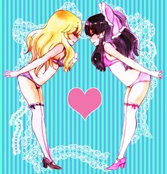  2girls bending_forward black_hair blush bowing bra closed_eyes facing_another graphite_(medium) hakurei_reimu heart high_heels himeko_(pixiv) kirisame_marisa long_hair mechanical_pencil mixed_media multiple_girls panties pencil pink_bra pink_panties shoes smile thigh-highs touhou traditional_media underwear underwear_only watercolor_pencil_(medium) yuri 