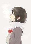  1girl bow bowtie breasts breath brown_eyes brown_hair cardigan commentary_request copyright_request enpera from_side grey_background grey_jacket jacket kawai_makoto long_hair long_sleeves looking_up parted_lips profile red_neckwear scarf school_uniform signature simple_background solo upper_body white_scarf 