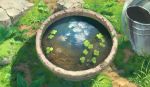  blue_sky bucket clouds day grass highres moss no_humans original outdoors pippi_(pixiv_1922055) plant reflection ripples rock sky still_life water watering_can 