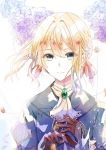  1girl blonde_hair blue_eyes braid commentary emo gloves hair_ribbon ribbon solo violet_evergarden violet_evergarden_(character) 