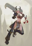  1girl :o absurdres armor bangs bikini_armor boots breasts commentary gauntlets grey_background grey_legwear highres holding holding_sword holding_weapon horns large_breasts looking_at_viewer navel original over_shoulder pauldrons pelvic_curtain ponytail red_eyes short_hair silver_hair solo sword thigh-highs thigh_boots tim_loechner weapon weapon_over_shoulder work_in_progress 